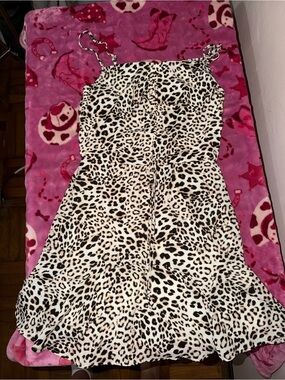 Leopard Print Midi Dress with Spaghetti Straps - Cream/Black